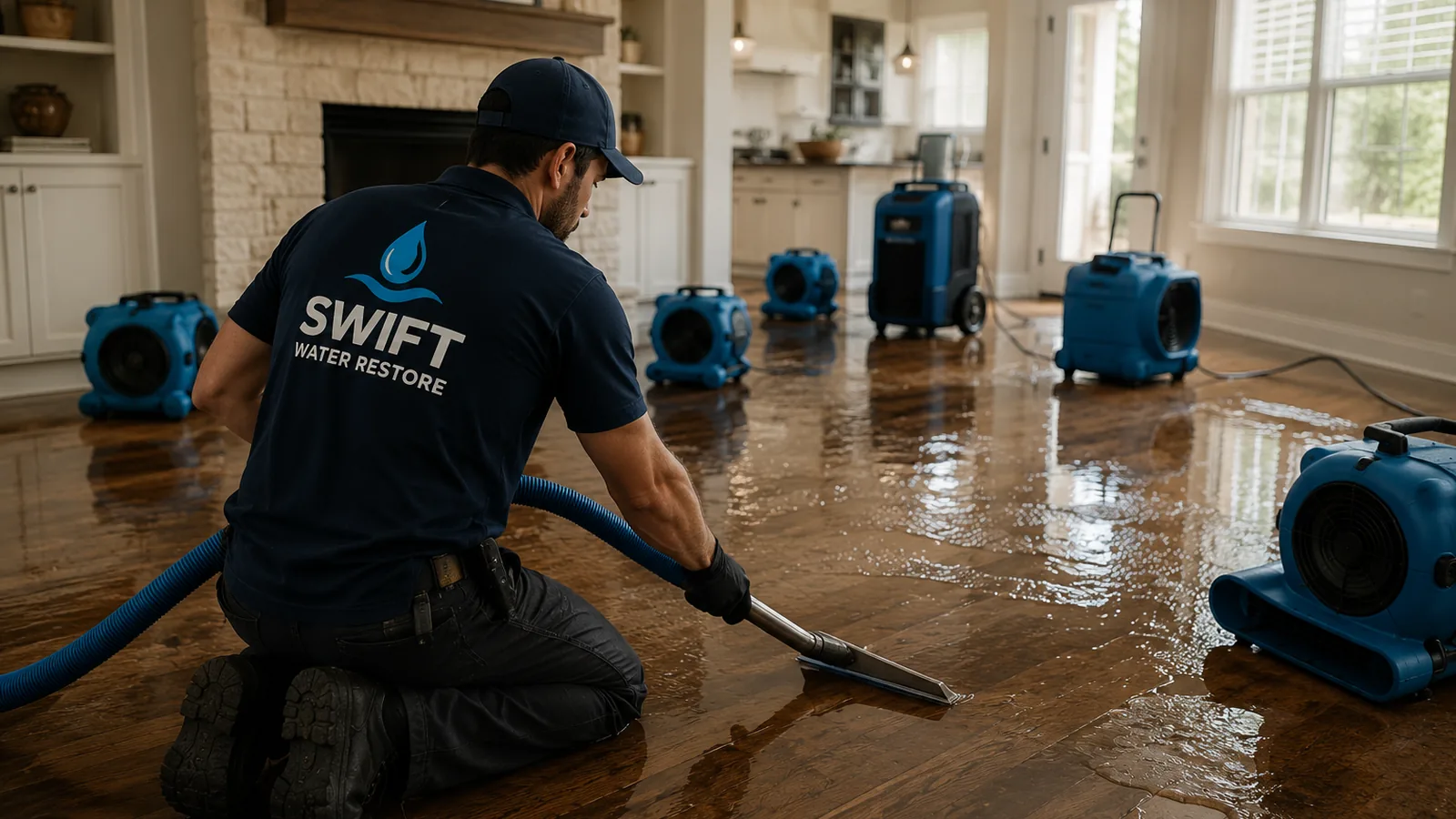 Water damage restoration technician extracting water from a flooded home in Texas