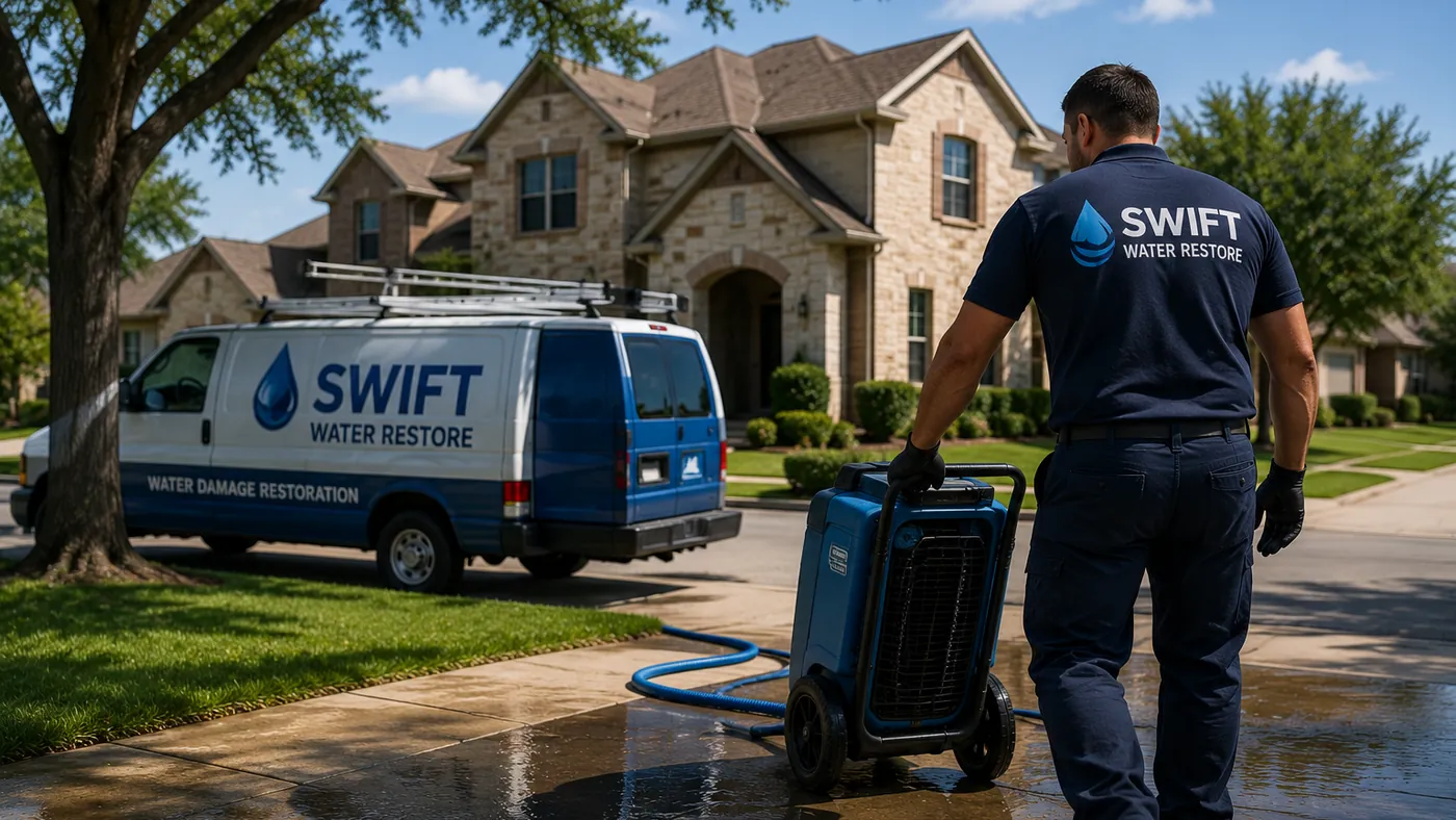 Water damage restoration technician arriving at a Texas home